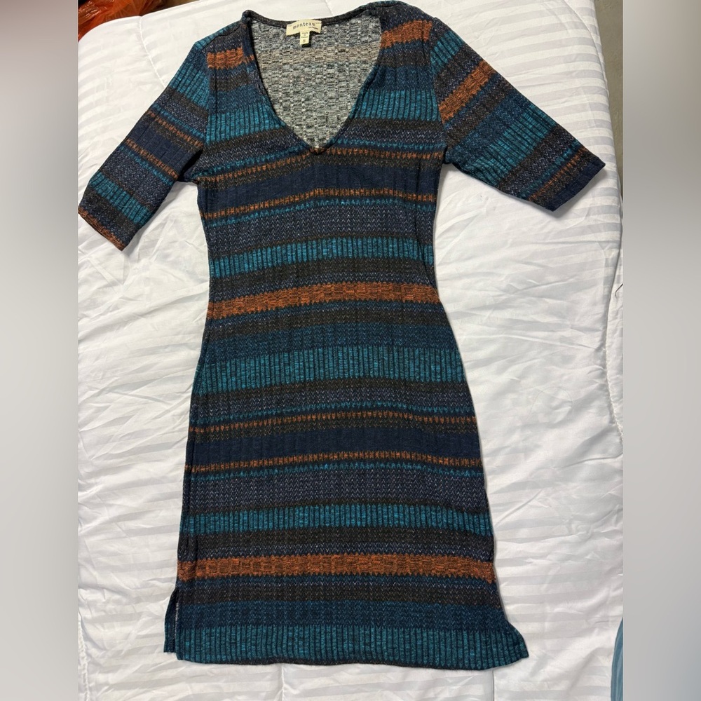 Monteau Long Sleeve light knit Striped Dress in Blue and Orange